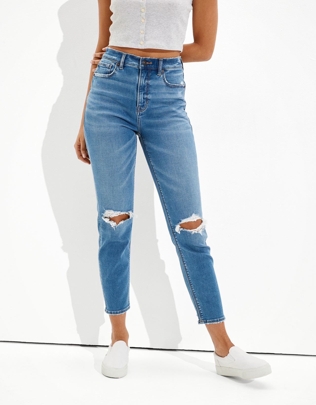 Shop AE Ne x t Level Soft Knit Ripped Mom Jean online American