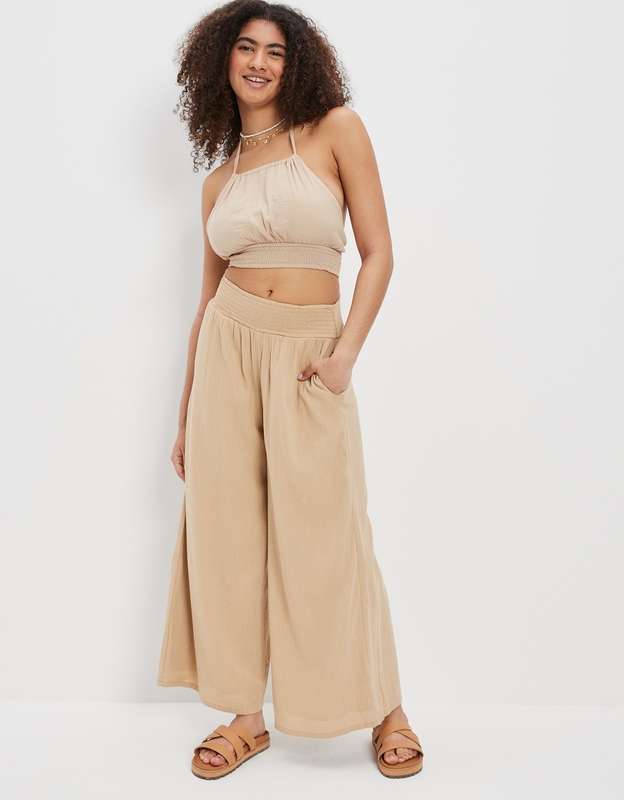 Shop AE Super High-Waisted Smocked Wide-Leg Pant online